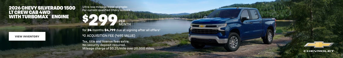 2026 Chevy Silverado 1500 LT Crew Cab 4WD with TurboMax Engine. Ultra-low mileage lease example: ...